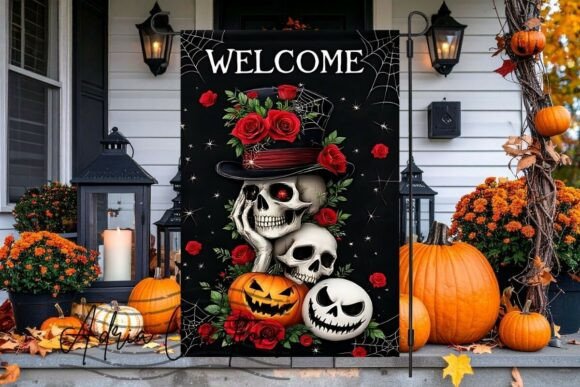 Halloween Skull and Rose Garden Flag Graphics